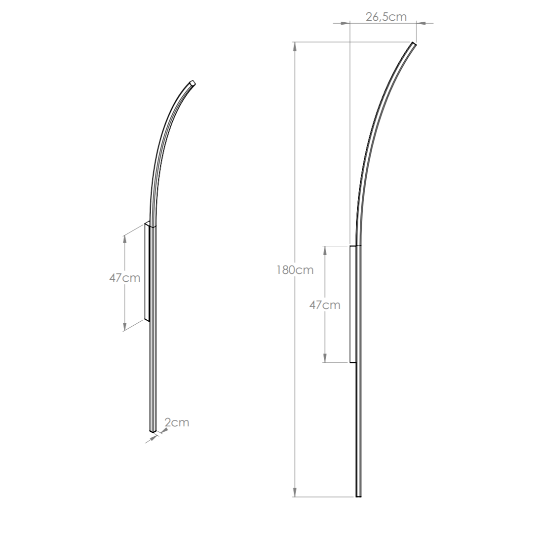 Desenho técnico da arandela moderna Bella Itália para parede, com dimensões de 50cm de altura, 12cm de largura e 6cm de profundidade.
